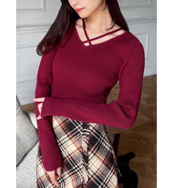 RESEXXY「デコルテクロスニットトップス」|ニット・セーター|レッド