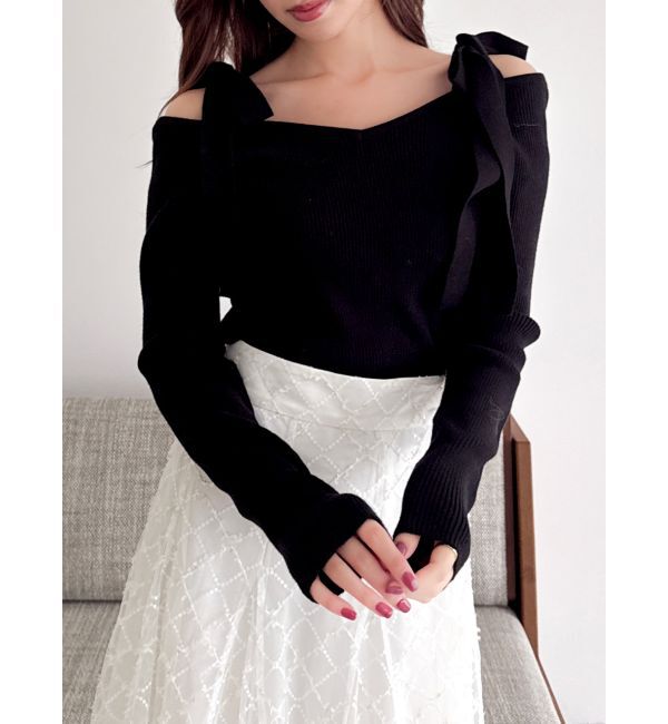 dazzlin「【WEB限定】ショルダーリボンニットトップス」|ニット・セーター|ブラック