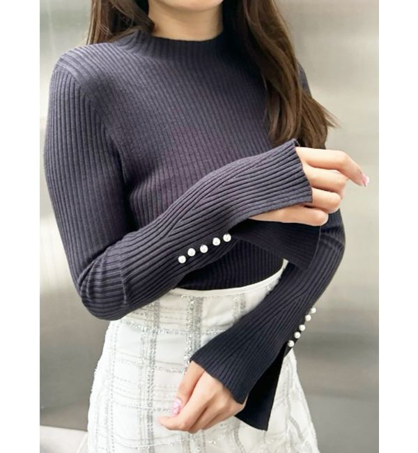 MERCURYDUO「パール付きフレアスリーブリブニット」|ニット・セーター|チャコールグレー