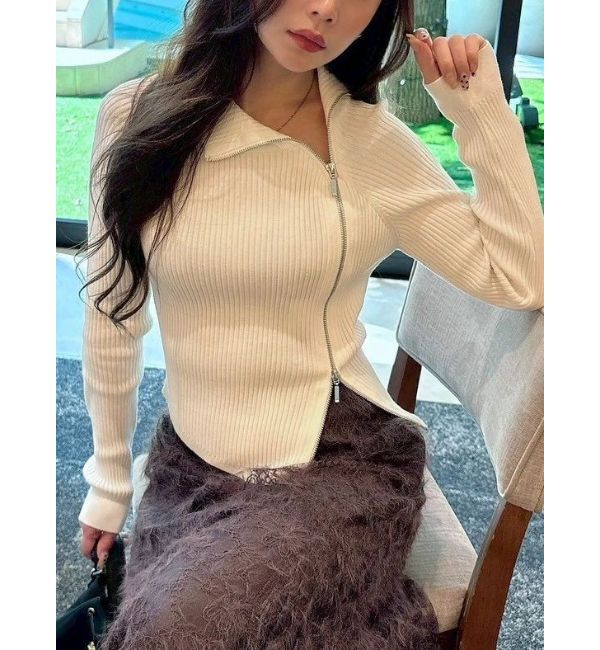 MERCURYDUO「【WEB限定カラーあり】ハイツイストアシメZIPニット」|ニット・セーター|オフホワイト