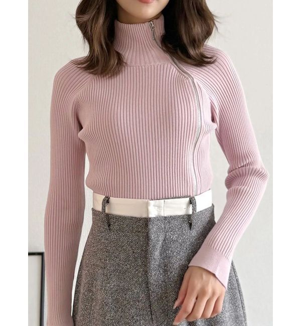 MERCURYDUO「【WEB限定カラーあり】ハイツイストアシメZIPニット」|ニット・セーター|