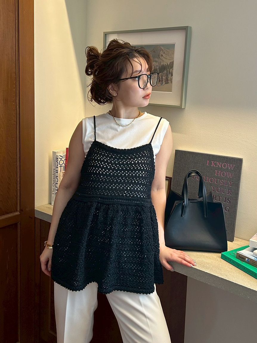 Mila Owen「【ウォッシャブル】クロシェニットキャミ&times;ノースリトップス」|キャミソール|