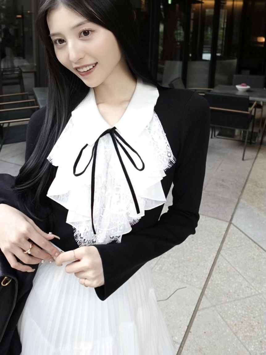 SNIDEL「Sustainableレイヤードラッフルニットプルオーバー」|ニット・セーター|BLK