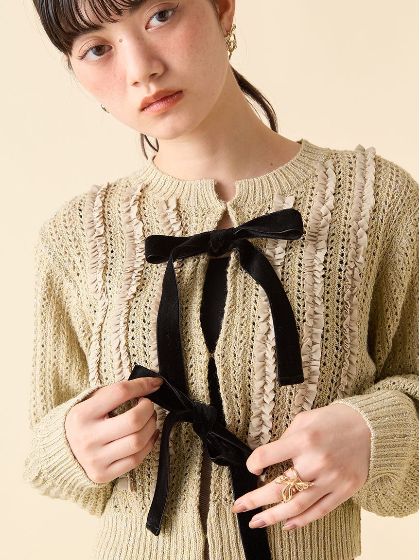 LILY BROWN「ベロアリボンニットカーディガン」|カーディガン|