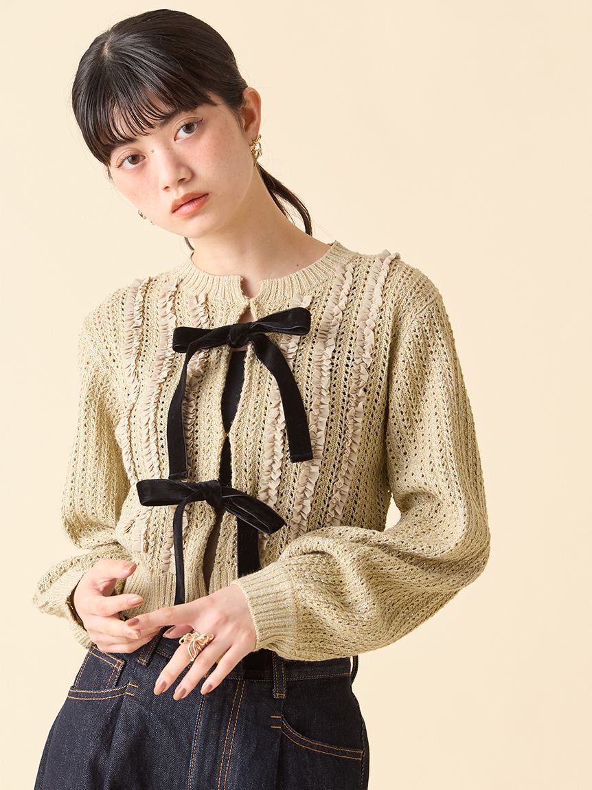 LILY BROWN「ベロアリボンニットカーディガン」|カーディガン|