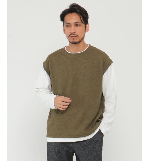 ikka「ワッフルフェイクベストレイヤード」|パーカー|オリーブ