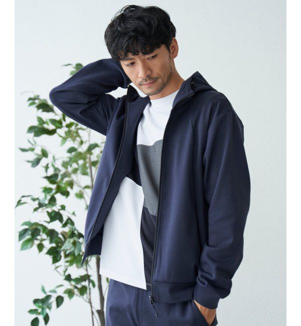 ikka「テックストレッチジップパーカー」|カーディガン|ネイビー