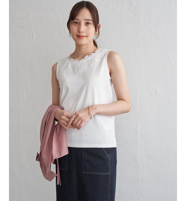 ikka「【接触冷感／UVカット】コットンUSA前後レースタンクトップ」|タンクトップ|オフホワイト