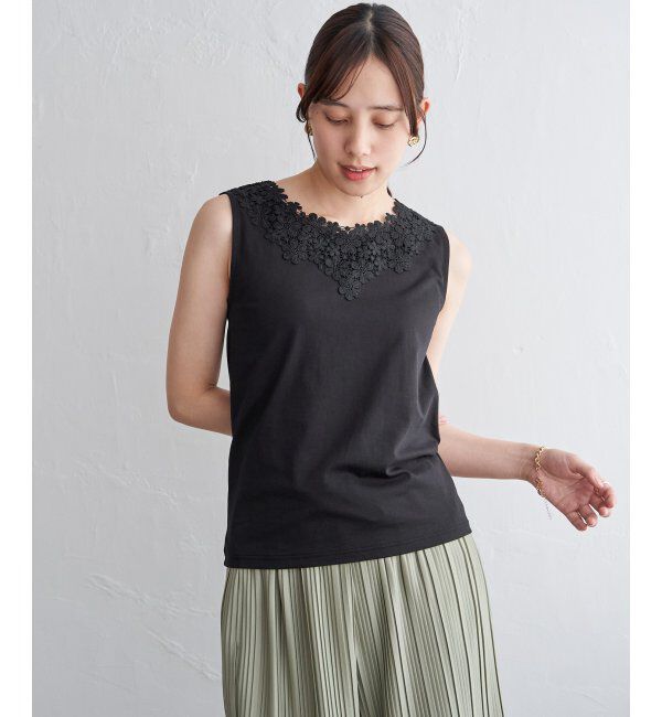 ikka「【接触冷感／UVカット】コットンUSA前後レースタンクトップ」|タンクトップ|ブラック