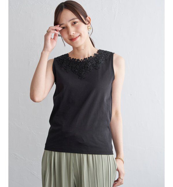 ikka「【接触冷感／UVカット】コットンUSA前後レースタンクトップ」|タンクトップ|