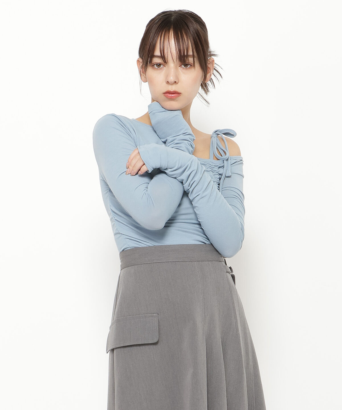 REDYAZEL「シャーリングリボンアシメトップス」|Tシャツ・カットソー|サックス