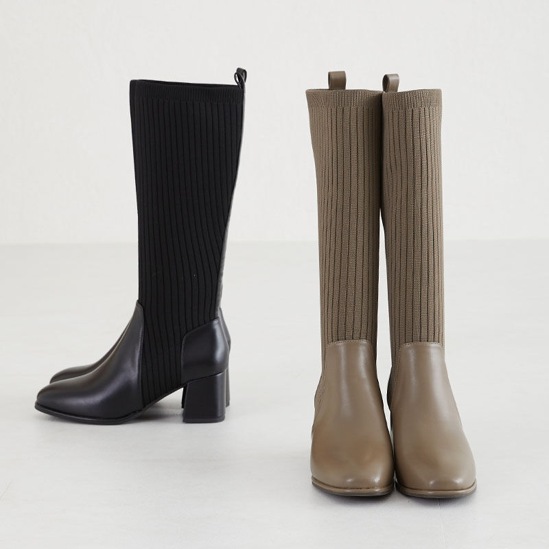 ORiental TRaffic「ニット ロング ヒール ブーツ /31509 太ヒール ヒール6ｃｍ」|ロングブーツ|BROWN