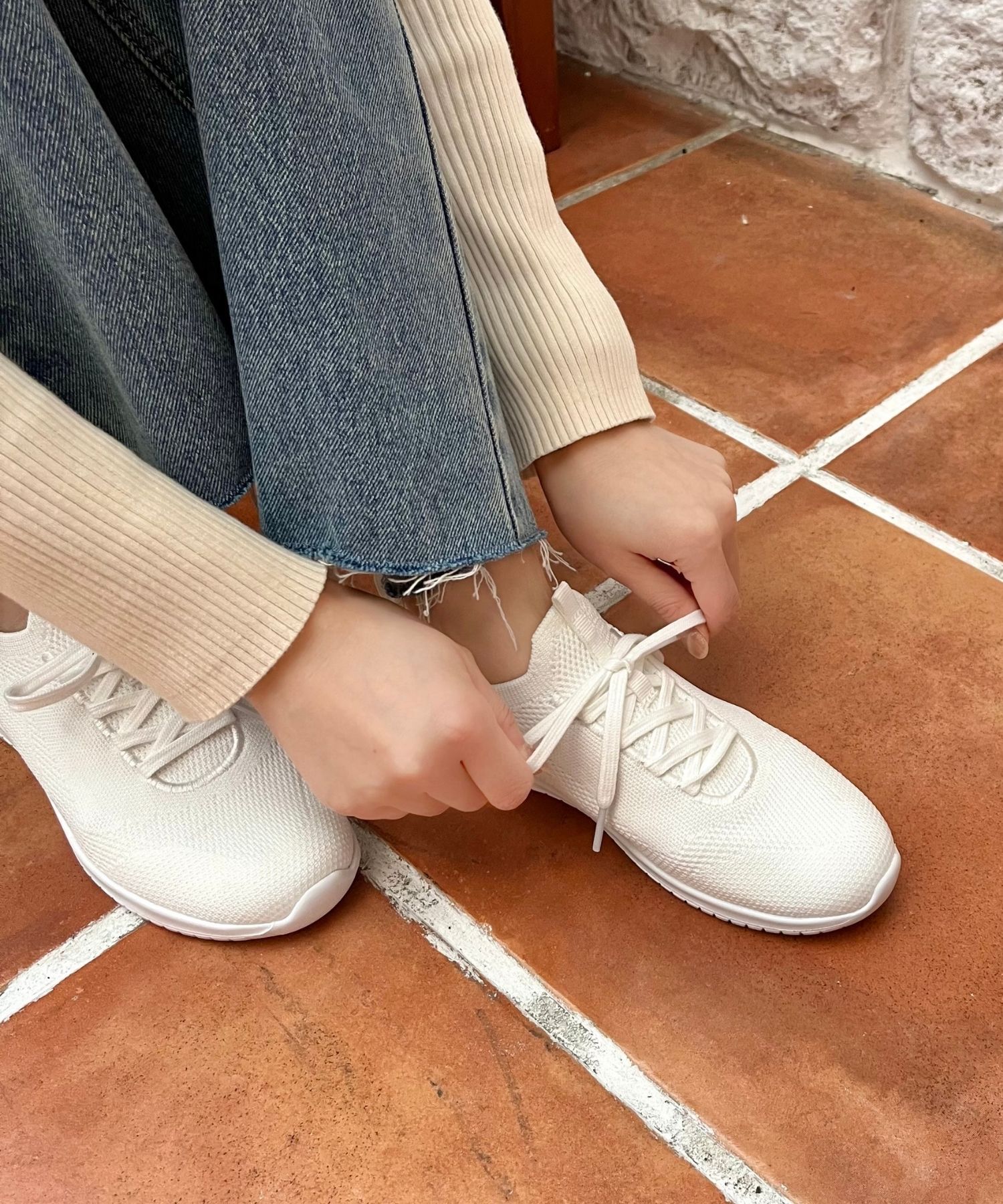 ORiental TRaffic「●2025春夏新作●レースアップ ニット スニーカー /OT3765  トレンド　人気  軽い ワンタッチ」|スニーカー|