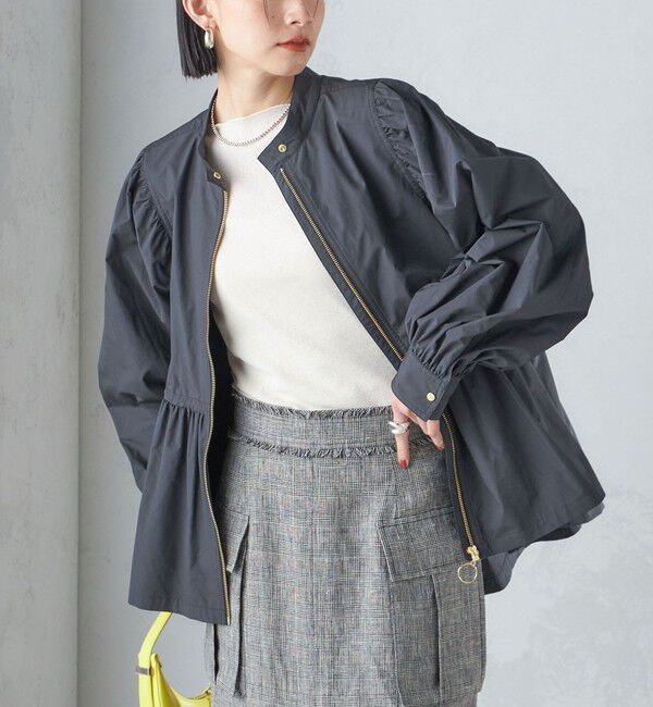 SHIPS for women「〈手洗い可能〉割繊 ナイロン スタンドカラー ギャザー ブルゾン◇」|ブルゾン・スタジャン|ブラック