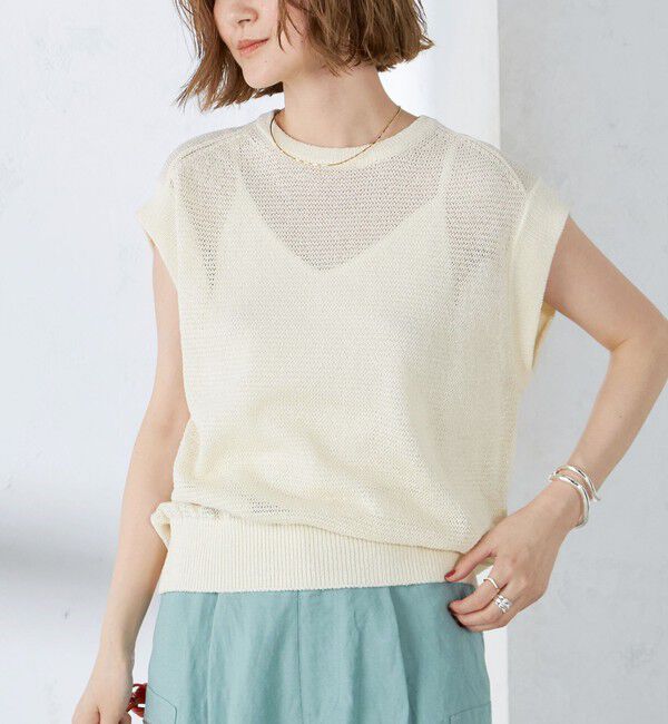 SHIPS for women「〈手洗い可能〉ラメ混 ペーパー 編地 コンビ プルオーバー ◇」|ニット・セーター|オフホワイト