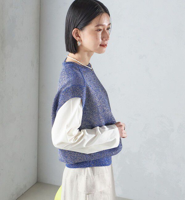 SHIPS for women「〈手洗い可能〉ラメ混 ペーパー 編地 コンビ プルオーバー ◇」|ニット・セーター|
