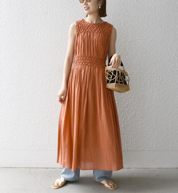 SHIPS any「【WEB限定】SHIPS any: ハンドスモッキング  コットン フレア ノースリーブ ワンピース」|ワンピース|