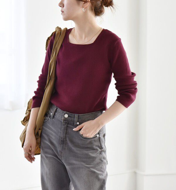 quaranciel「quaranciel:〈手洗い可能〉コットン スクエアネック リブ ニット」|ニット・セーター|ワイン