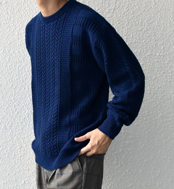 SHIPS any「SHIPS any:〈手洗い可能〉アラン / ガーター 編み リラックス クルーネック ニット◇」|ニット・セーター|ネイビー