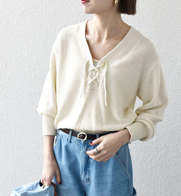 SHIPS any「SHIPS any: シルク コットン レースアップ ニット プルオーバー」|ニット・セーター|