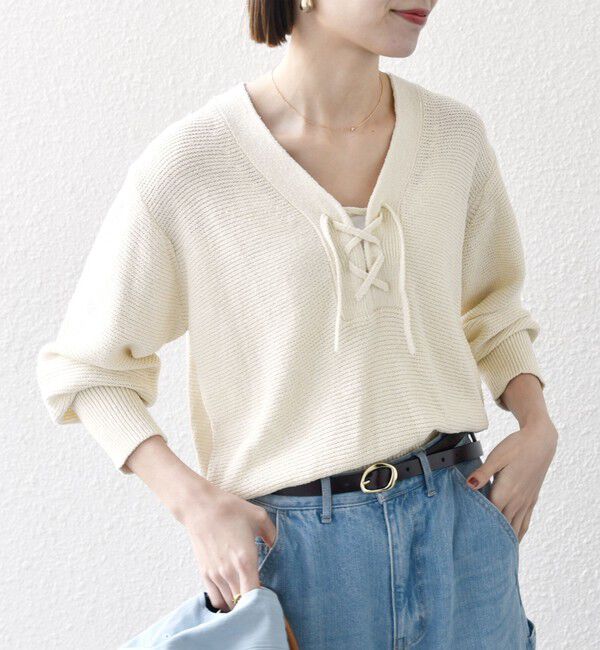 SHIPS any「SHIPS any: シルク コットン レースアップ ニット プルオーバー」|ニット・セーター|