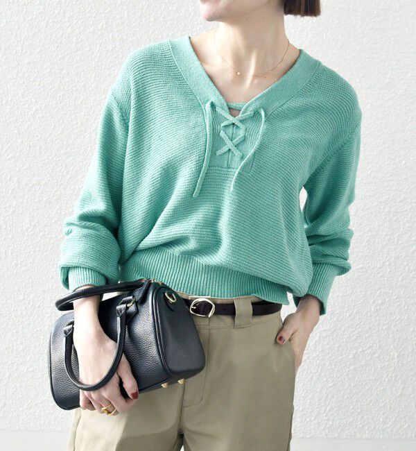 SHIPS any「SHIPS any: シルク コットン レースアップ ニット プルオーバー」|ニット・セーター|