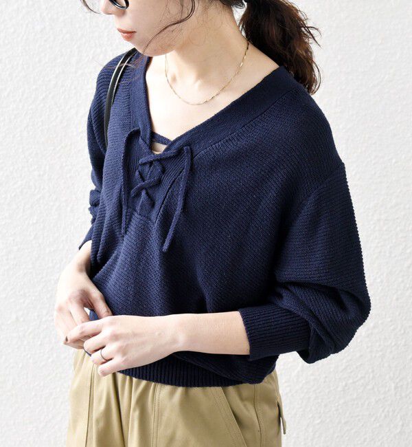 SHIPS any「SHIPS any: シルク コットン レースアップ ニット プルオーバー」|ニット・セーター|