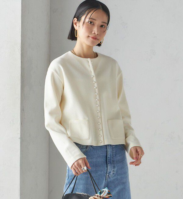 SHIPS for women「〈手洗い可能〉ブークレ ダブル ニット パールモチーフボタン カーディガン」|カーディガン|