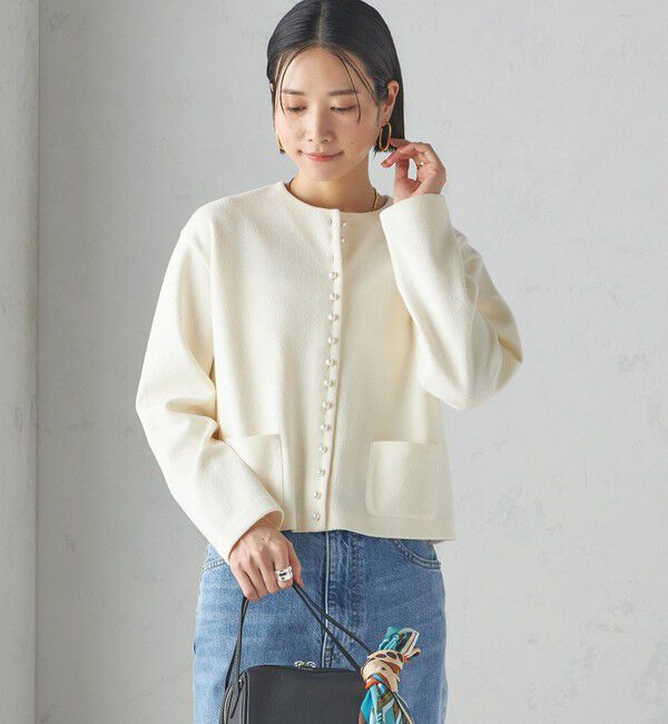 SHIPS for women「〈手洗い可能〉ブークレ ダブル ニット パールモチーフボタン カーディガン」|カーディガン|