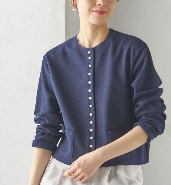 SHIPS for women「〈手洗い可能〉ブークレ ダブル ニット パールモチーフボタン カーディガン」|カーディガン|ネイビー
