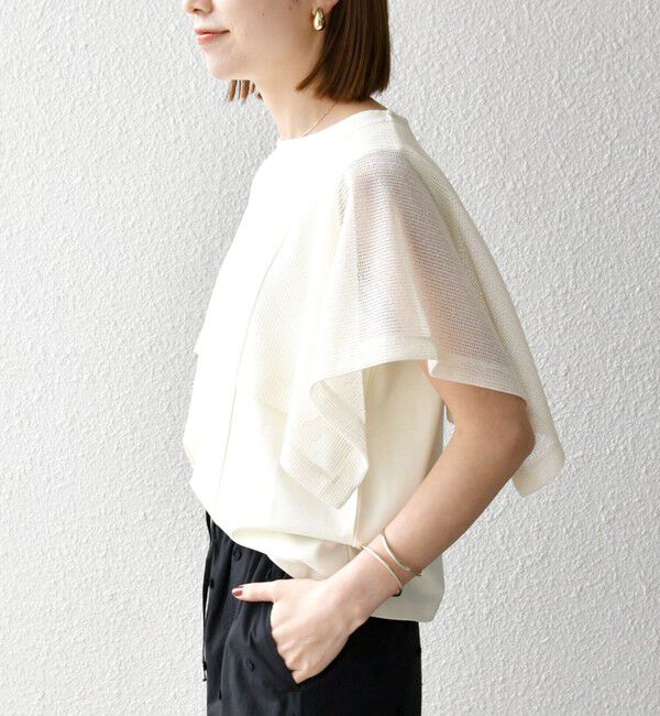 SHIPS any「SHIPS any:〈手洗い可能〉メッシュ シアー ハンカチ スリーブ ドッキング TEE」|Tシャツ・カットソー|