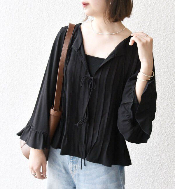 SHIPS any「SHIPS any:〈洗濯機可能〉ラッフル リボン ピンタック フレアスリーブ ブラウス」|シャツ・ブラウス|ブラック