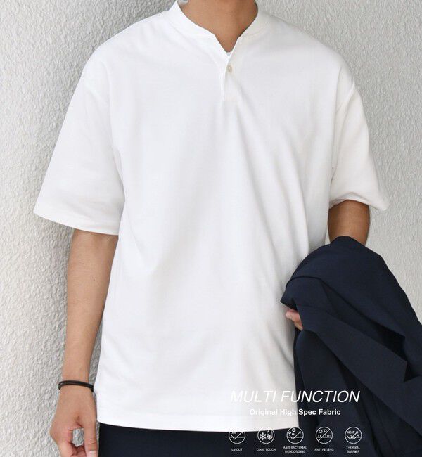 SHIPS any「SHIPS any:〈接触冷感・遮熱・UVカット機能等〉サマーファンクション 鹿の子 ヘンリーネック Tシャツ◆」|Tシャツ・カットソー|ホワイト