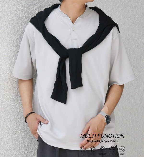 SHIPS any「SHIPS any:〈接触冷感・遮熱・UVカット機能等〉サマーファンクション 鹿の子 ヘンリーネック Tシャツ◆」|Tシャツ・カットソー|ライトグレー
