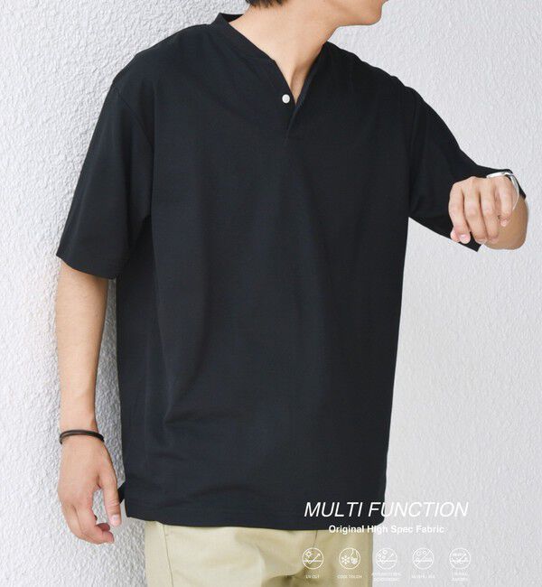 SHIPS any「SHIPS any:〈接触冷感・遮熱・UVカット機能等〉サマーファンクション 鹿の子 ヘンリーネック Tシャツ◆」|Tシャツ・カットソー|ブラック