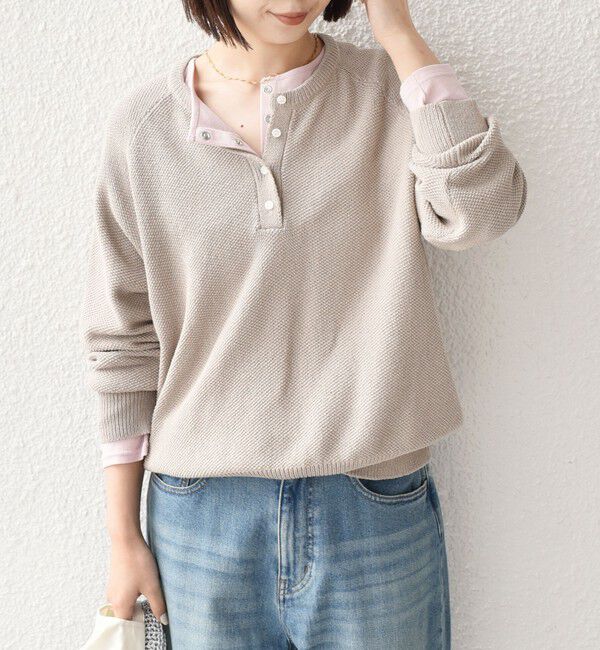 SHIPS Colors 「《予約》SHIPS Colors:〈手洗い可能〉ペーパー ライク ヘンリーネック 2WAY ニット◆」|ニット・セーター|ベージュ