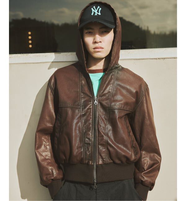 JOURNAL STANDARD「ゴート レザー エイジング ジップ フーディ ブルゾン」|ライダースジャケット|