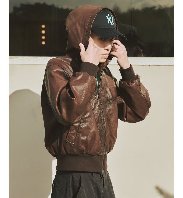 JOURNAL STANDARD「ゴート レザー エイジング ジップ フーディ ブルゾン」|ライダースジャケット|