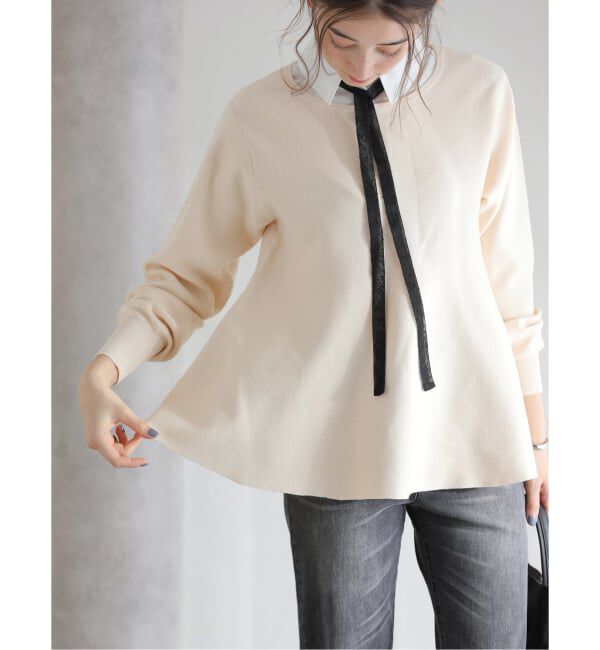  「【洗える】ウォッシャブルペプラムニットプルオーバー」|ニット・セーター|ホワイト