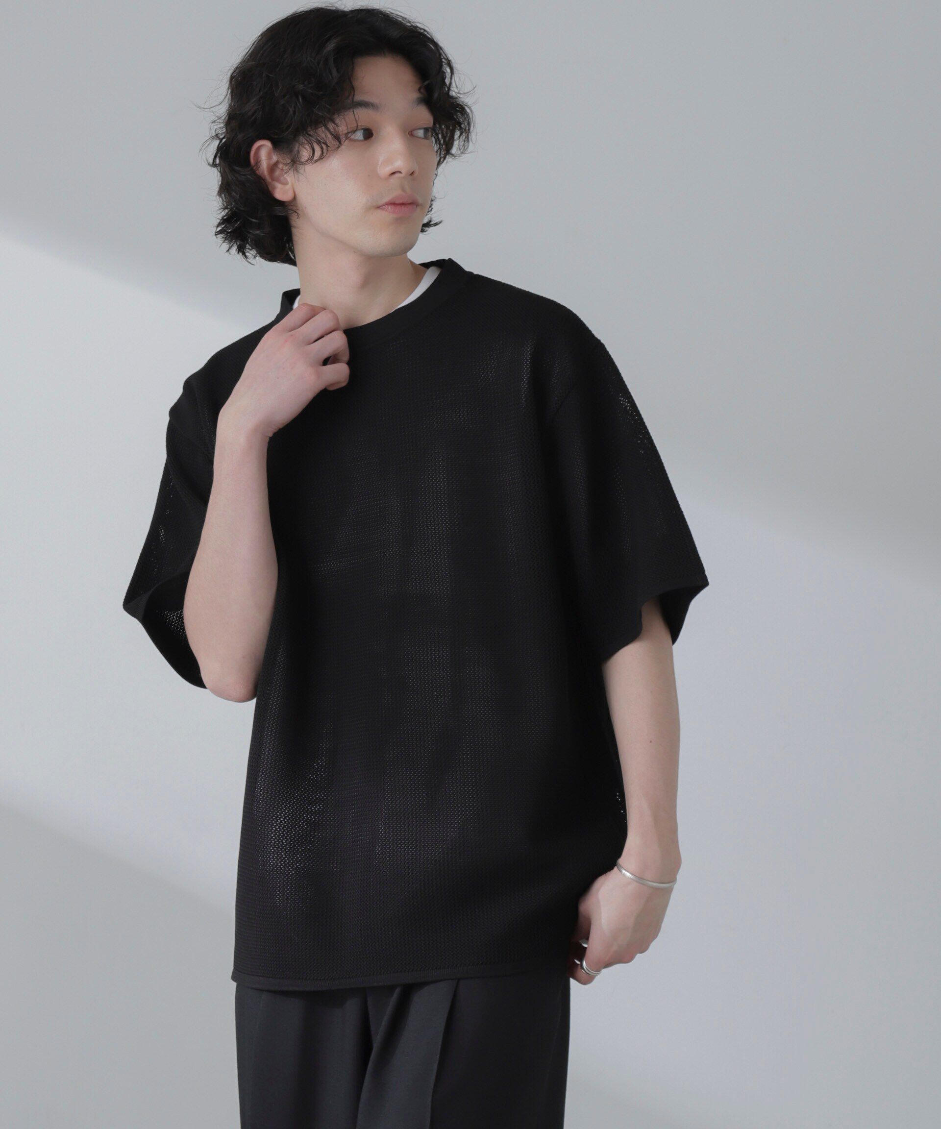 nano･universe「ポリメッシュリラックスクルーネックニットTシャツ」|ニット・セーター|