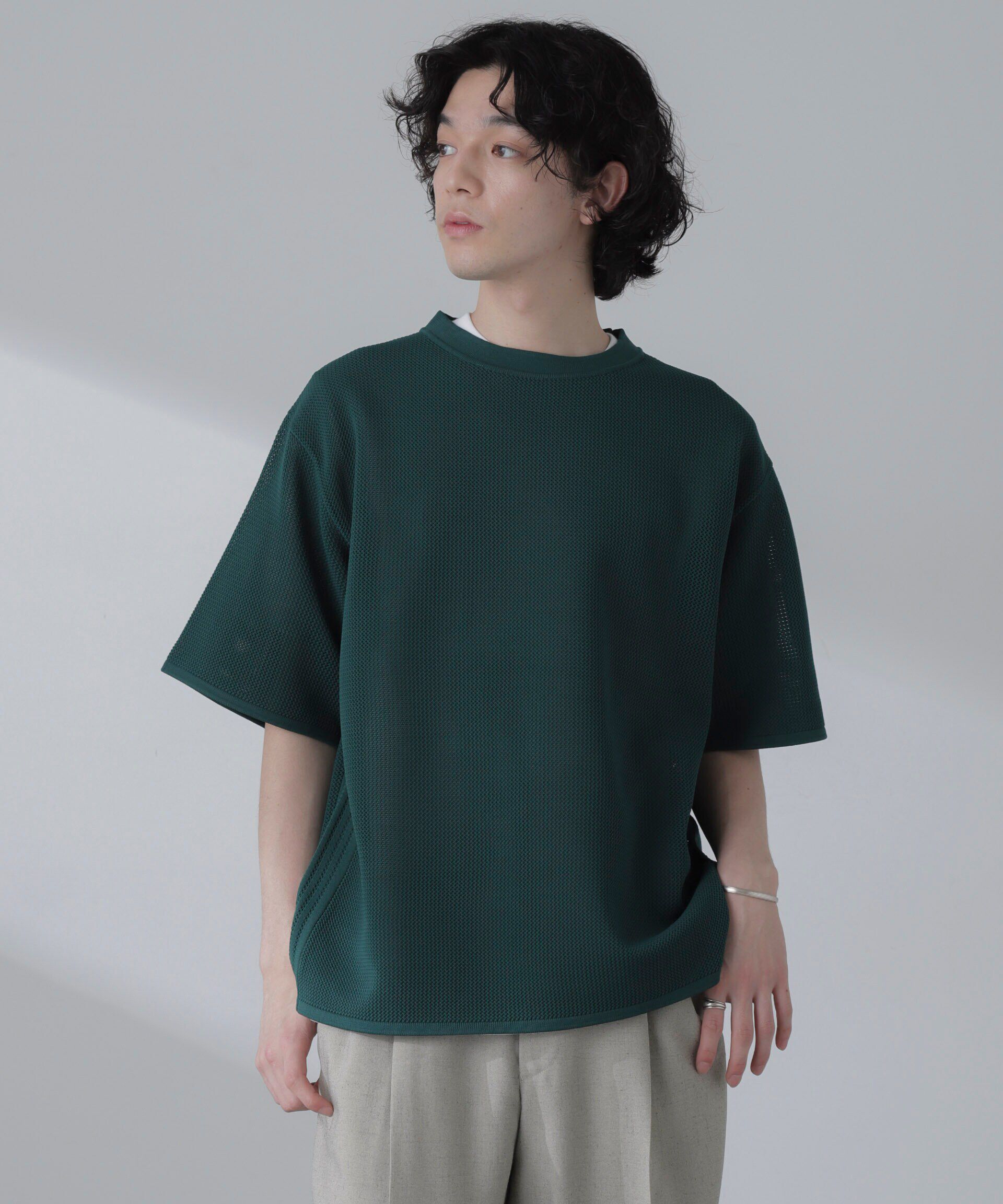 nano･universe「ポリメッシュリラックスクルーネックニットTシャツ」|ニット・セーター|