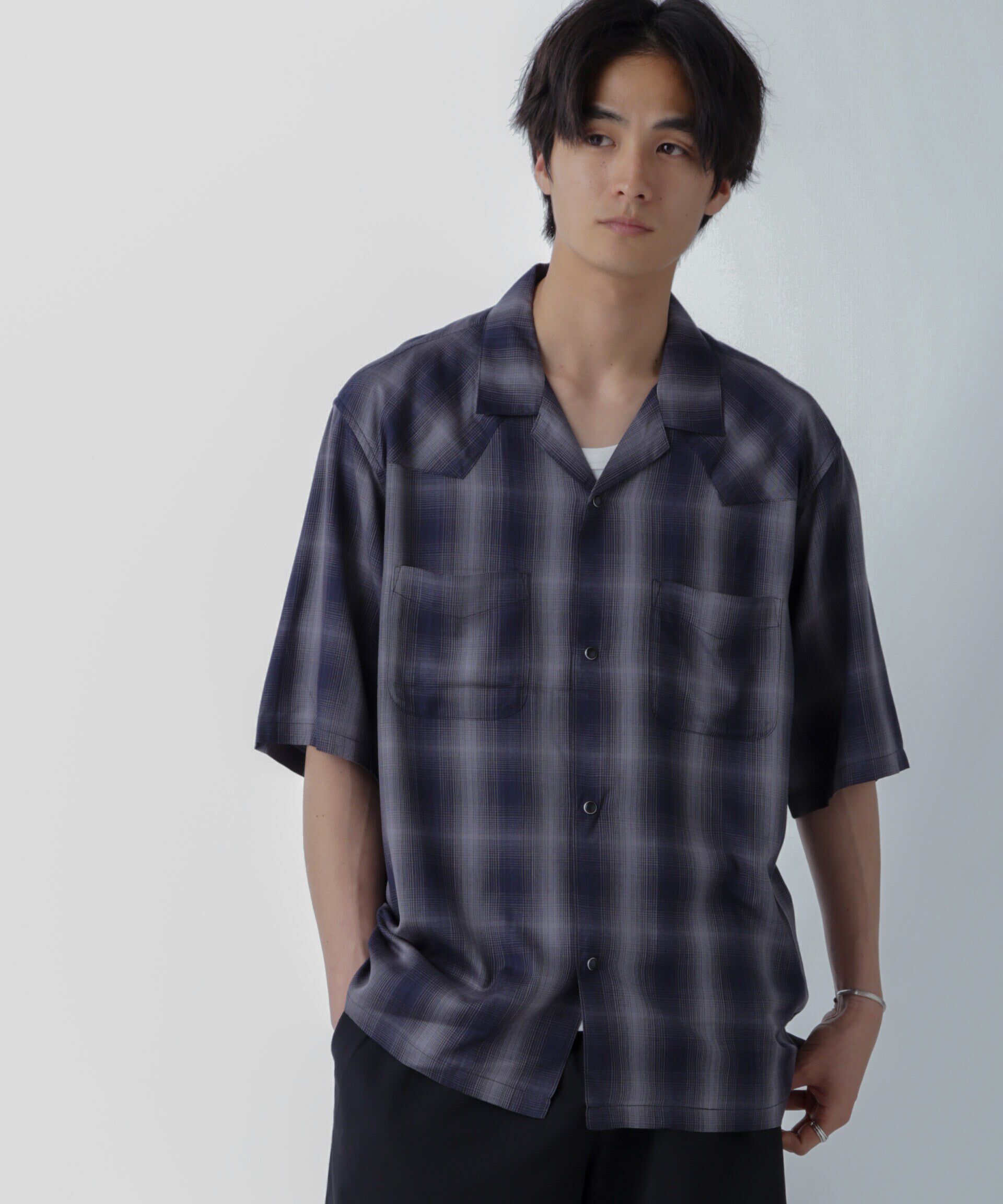 nano･universe「レーヨンオンブレチェックシャツ 半袖」|シャツ・ブラウス|