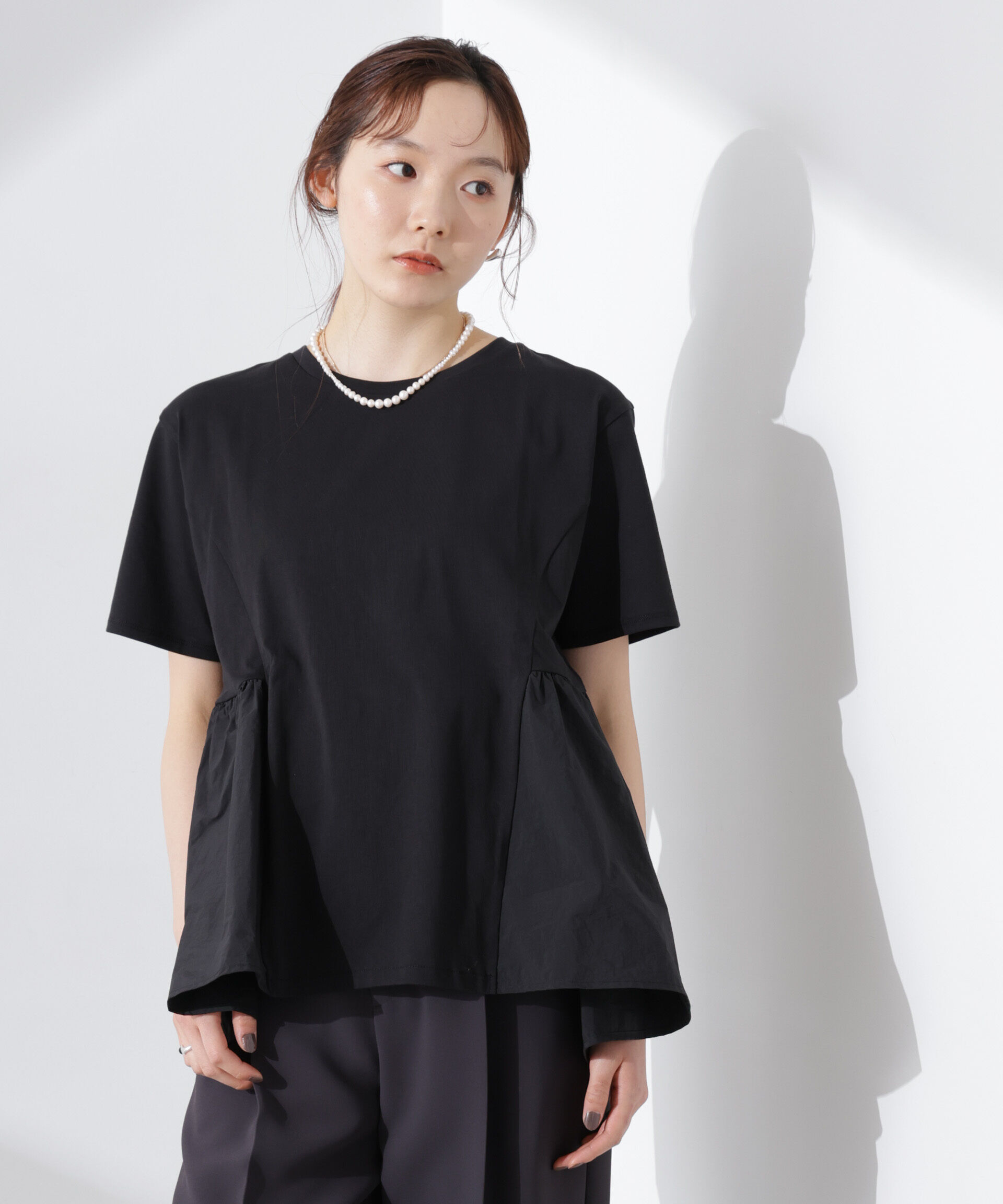 nano･universe「布帛コンビギャザー切替カットトップス」|Tシャツ・カットソー|ブラック