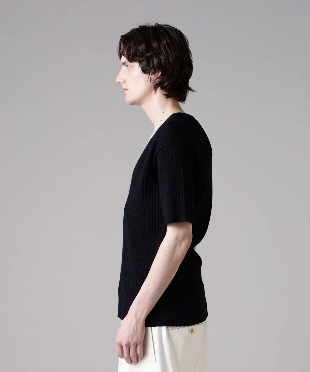 nano･universe「「ASSEMBLANC」ウォッシャブルシルクワイドリブVネックニットTシャツ」|Tシャツ・カットソー|