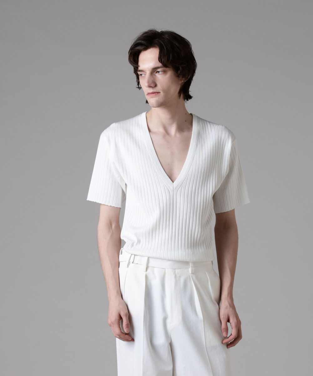 nano･universe「「ASSEMBLANC」ウォッシャブルシルクワイドリブVネックニットTシャツ」|Tシャツ・カットソー|