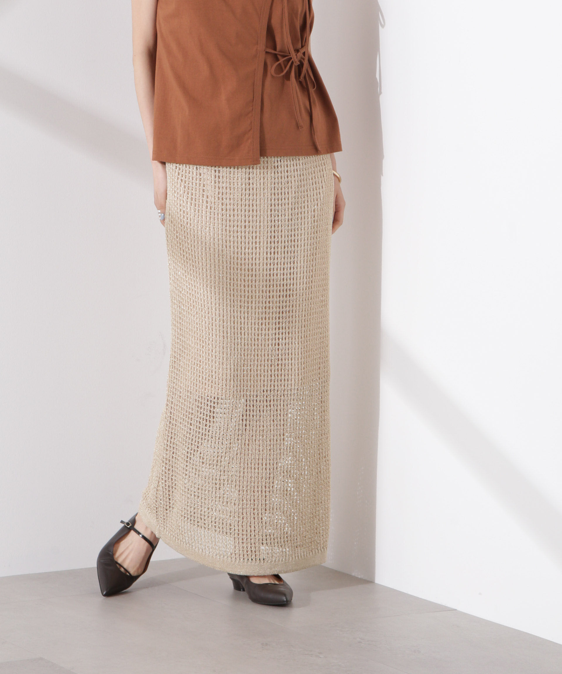 nano･universe「ラメメッシュニットタイトスカート (セットアップ可)」|スカート|ベージュ