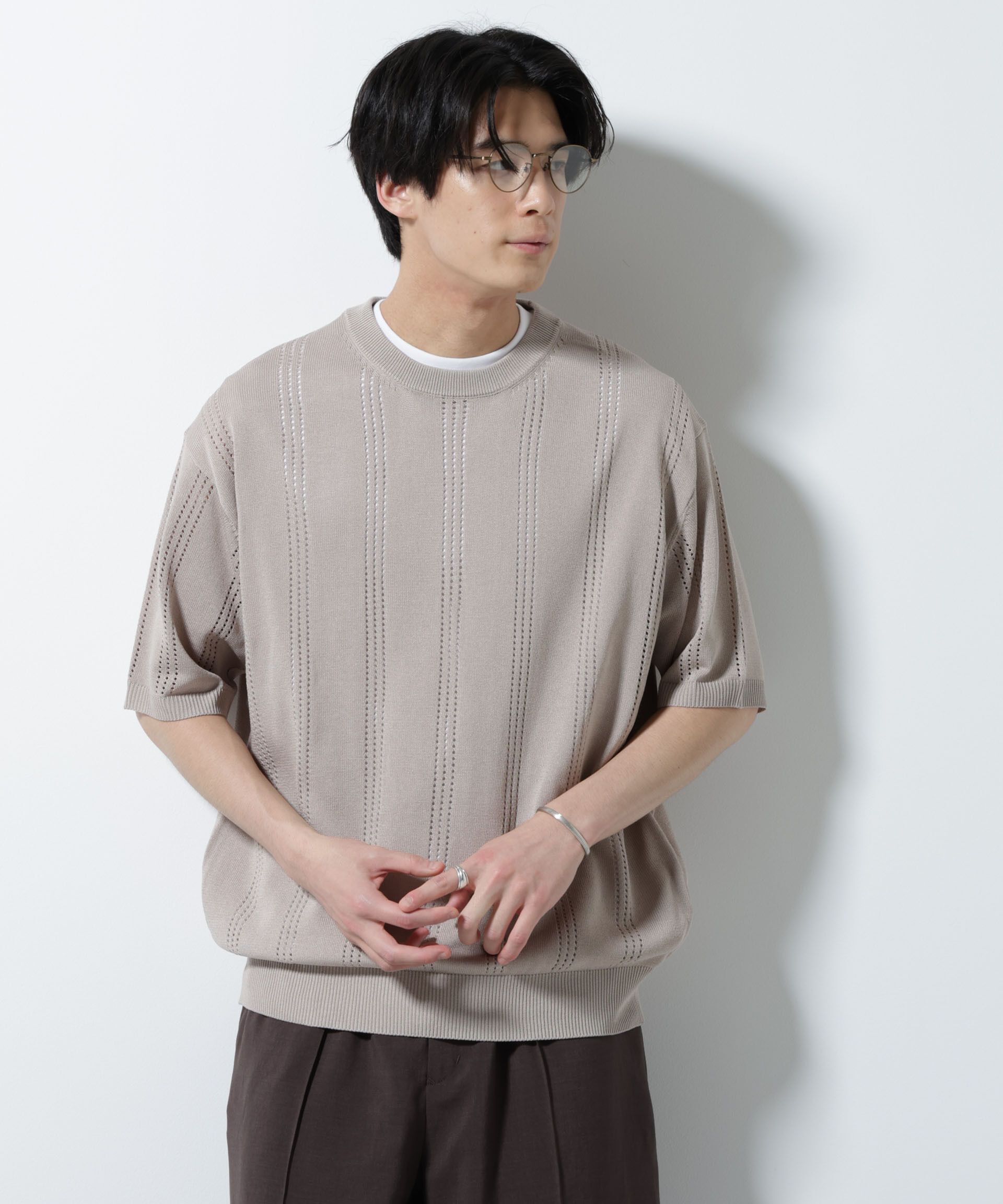 nano･universe「アイレットニット 半袖」|ニット・セーター|ベージュ