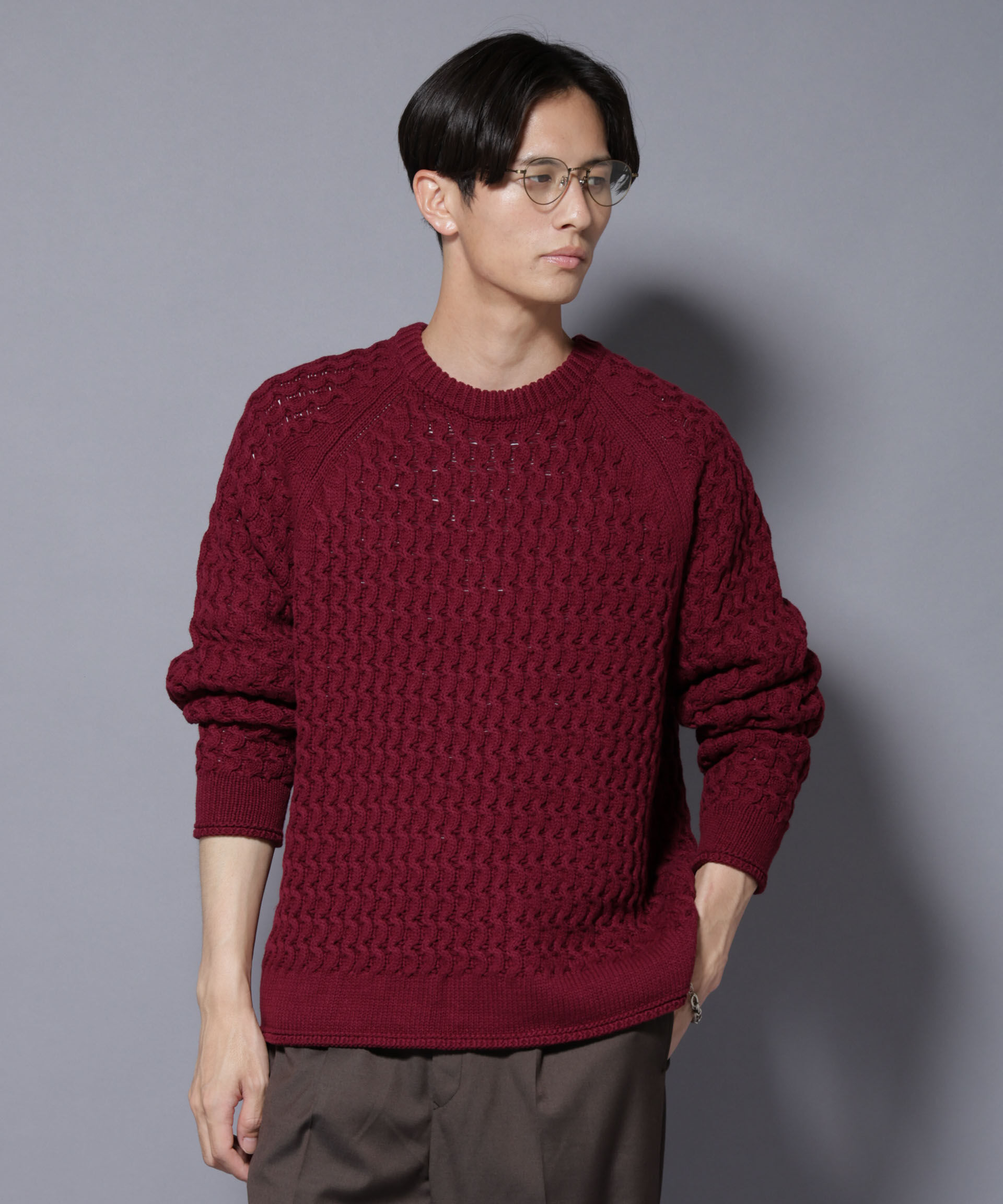 nano･universe「ヴァーグケーブルラグランニット」|ニット・セーター|ボルドー3