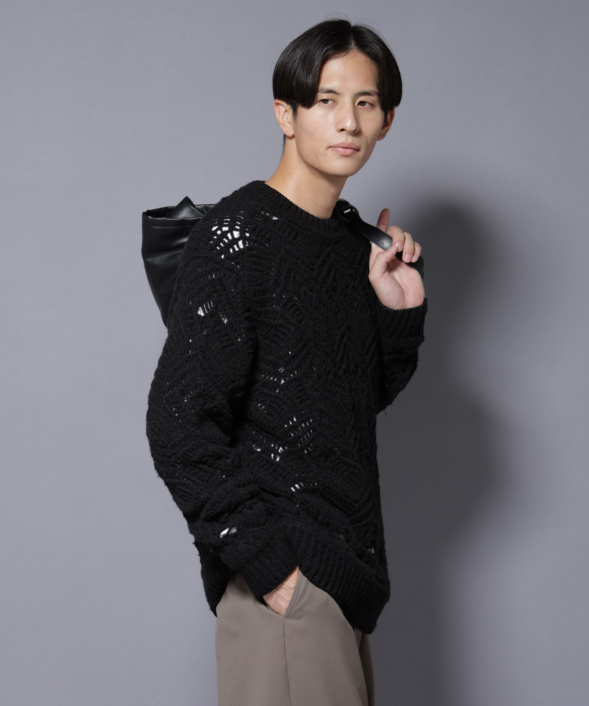 nano･universe「透かし編み クルーネックニット」|ニット・セーター|ブラック