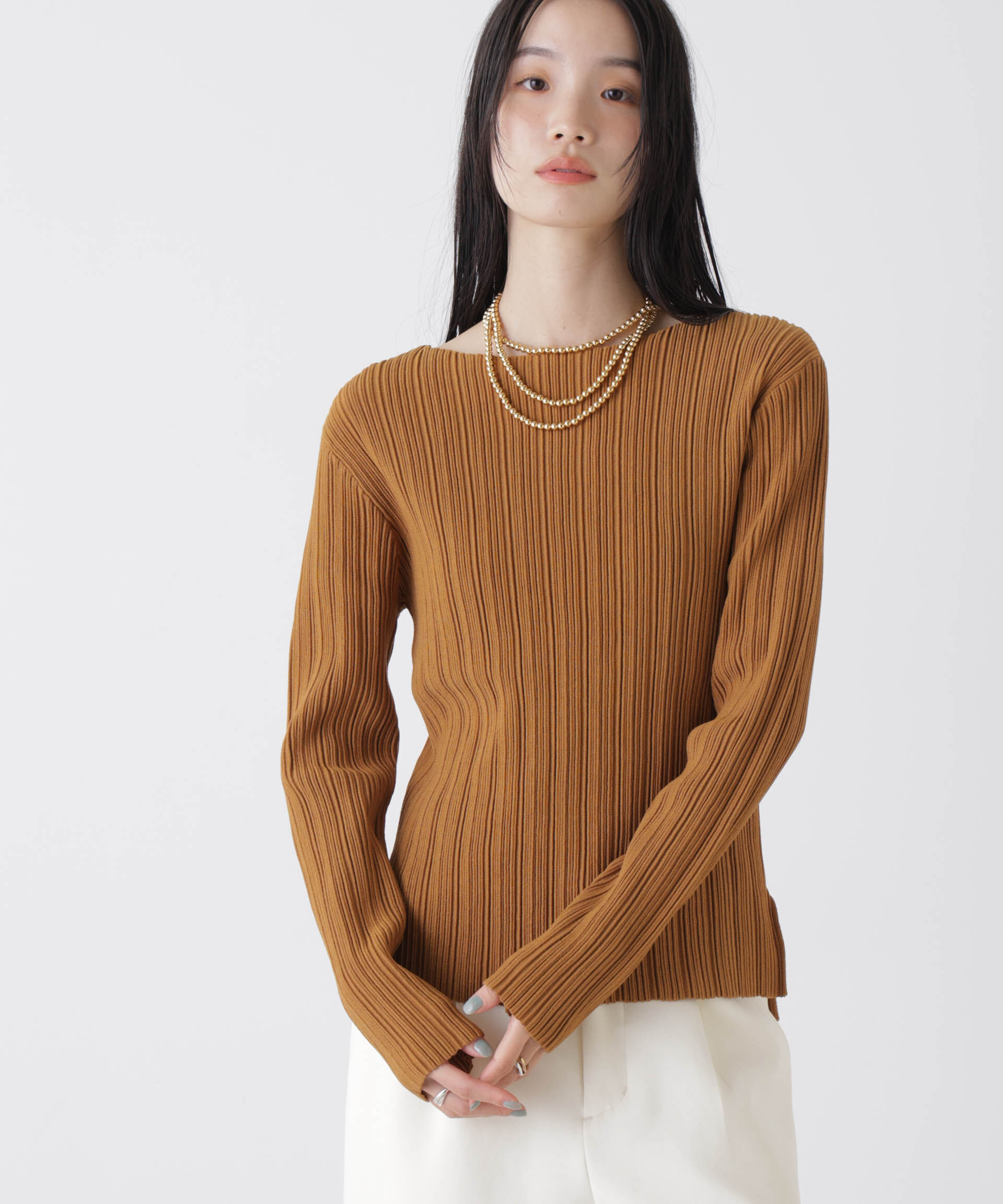 nano･universe「プリーツニットボートネックトップス(セットアップ可)」|ニット・セーター|